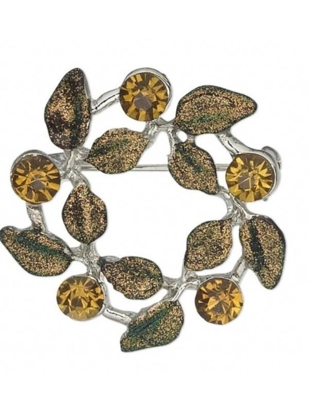 NEW Vintage 90s Muted Topaz Green Wreath Czech Crystal Rhinestone Enamel Brooch